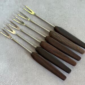 Vintage Stainless Germany Appetizer Forks Wood Handle Set of 6